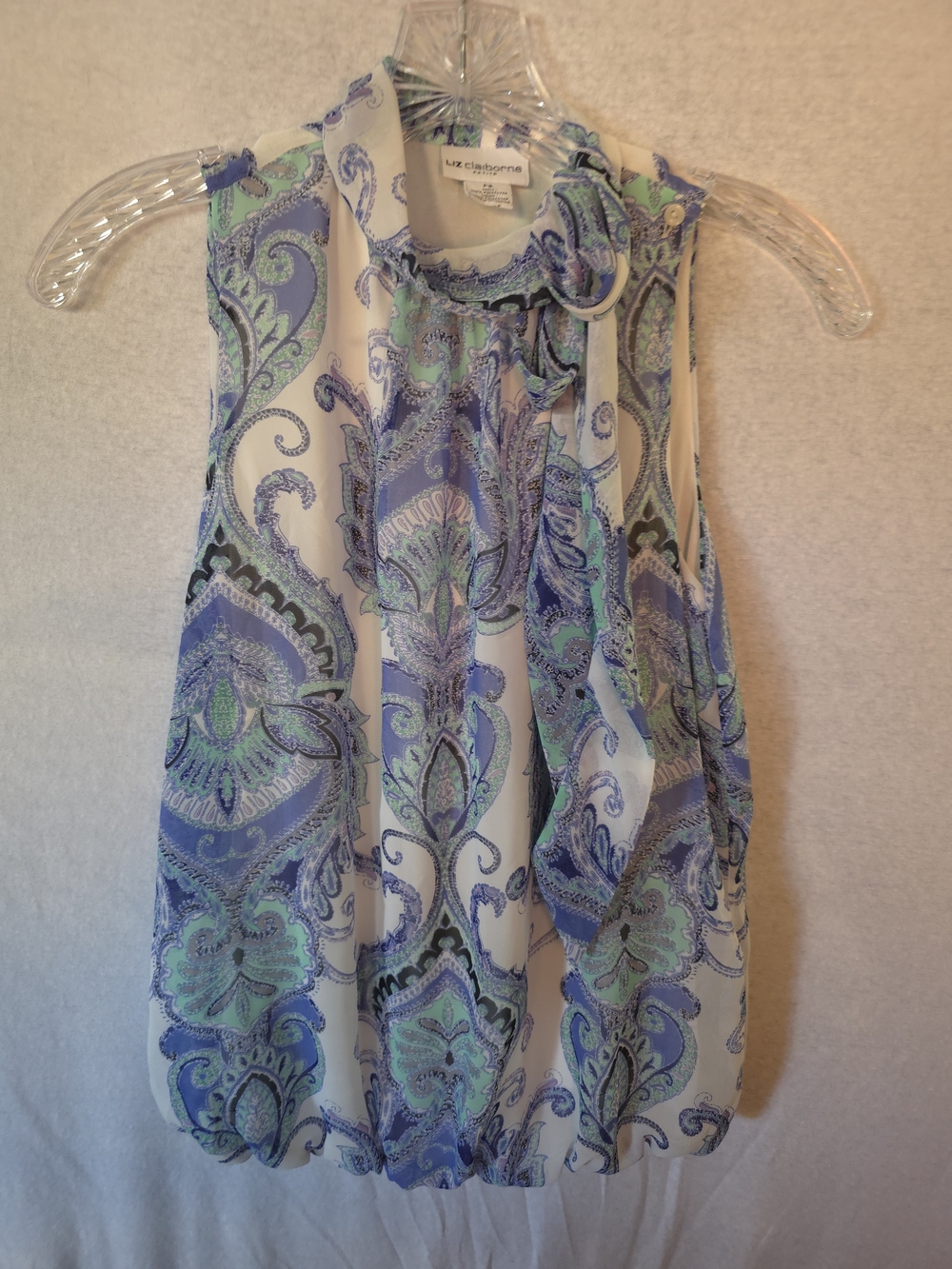 Liz Claiborne Sleeveless Paisley Tie-Neck Top in Blue & Green